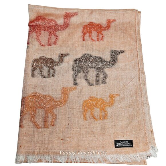 Handwoven Pashmina 100% Cashmere Wrap Shawl Salmon Pink Camel Design India Scarf - Picture 2 of 12
